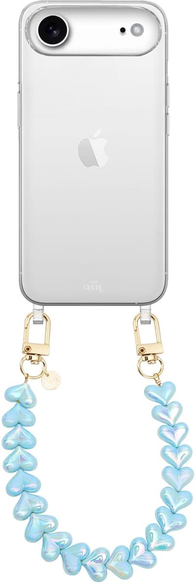 xoxo Wildhearts siliconen hoesje - Geschikt voor iPhone 17 Air hoesje - Funky Hearts (Blue Metallic) - Telefoonhoesje - Hoesje met koord - Blauw koord - kort telefoonkoord - Hartjes ketting - Transparant hoesje
