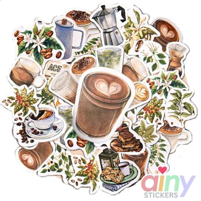 Ainy Koffie Stickers 46 stuks voor bullet journal, fotoalbum, wenskaarten, laptop, telefoon - ook geschikt als geschenksticker, skateboard stickers, graffiti stickers, knutselen stickervellen voor kinderen en volwassenen