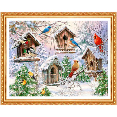 Broderie 5D DIY Oiseaux d'hiver dans la maison Peinture diamant Point de croix Plein rond Strass Décor 20X30CM gray