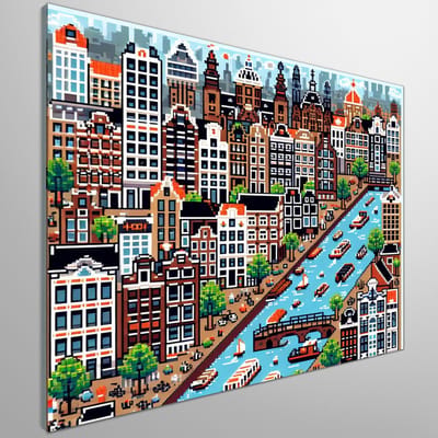 Pixel art amsterdam schilderij | Amsterdamse pixels dansen in kunstwerk vol kleur en leven | Kunst - 60x60 centimeter op Canvas | Foto op Canvas