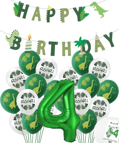 Cijfer Ballon 4 Jaar - Dinosaurus - Dino Mega pakket Ballonnen en Feestslinger - Groen - Helium Ballon - Snoes