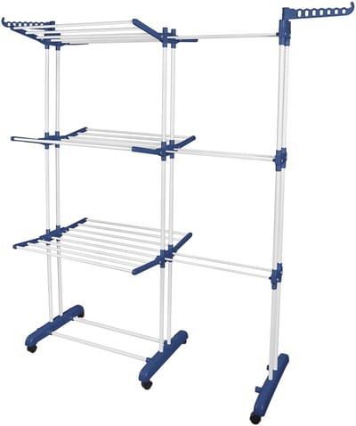 PIPIPOXER-Uitschuifbare Droogtoren-Droogrek – Inklapbaar Wasrek – Uitgerust met Wieltjes-Blauw + Wit