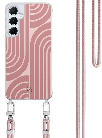 Hoesje met koord geschikt voor Samsung Galaxy A55 - Blush shapes - Inclusief Rosegoud koord - Crossbody beschermhoes - Transparant, Roze - Mooie Telefoonhoesjes