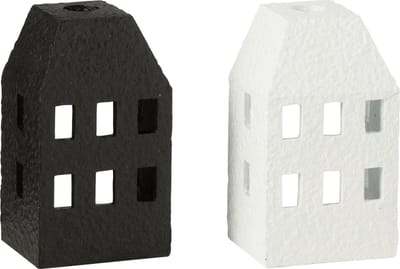 J-Line kandelaar Huis - cement - zwart/wit - 2 stuks