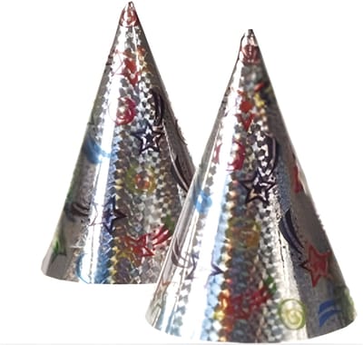 Boland Feesthoedjes - punthoedjes - van karton - set 2x stuks - holografisch - met elastiekje - verjaardag - kinderen en volwassenen