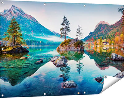 Gards Tuinposter Meer in de Bergen tijdens de Herfst - 120x80 cm - Tuindoek - Tuindecoratie - Wanddecoratie buiten - Tuinschilderij