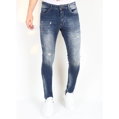 Jeans Heren - Spijkerbroek Heren Volwassenen - Stretch Jeans Heren - Stonewashed Heren Jeans Slim Fit - Ripped Jeans met Scheuren -MM121- Blauw