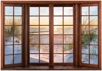 WALLARENA - Fotobehang - 150x105 cm - 3D venster strand zee voor slaapkamer woonkamer muurdecoratie