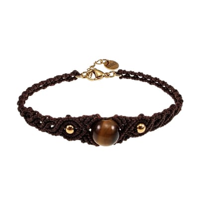 Donkerbruine Micro-Macramé Armband met Tijgeroog Steen, Armband Dames, Verguld RVS - Verstelbaar 16 tot 18cm - Handgemaakt