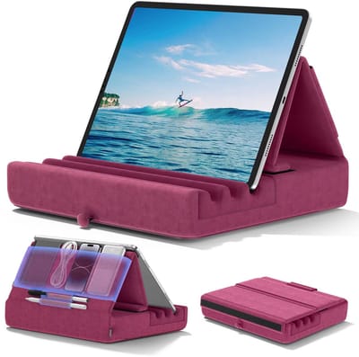 Tablet Kussenhouder – Opvouwbare Tablet Houder voor Bed, Schoot en Bureau – Zacht Tabletkussen met Opbergvak en Stylushouder – Geschikt voor iPad Pro en Alle Tablets- PAARS