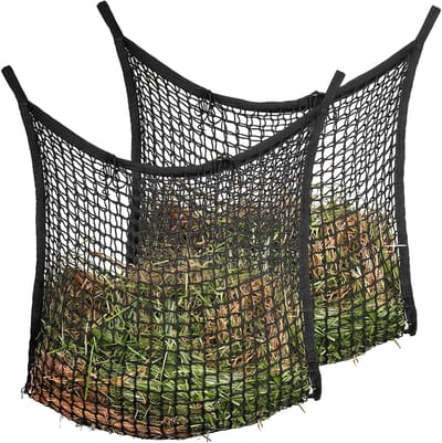 2 x Grote Hooinet voor Paarden, 80 x 90 cm, Inclusief 4 Karabijnhaken, Capaciteit 10 kg, Zwart, Duurzaam en Handig voor Stallen