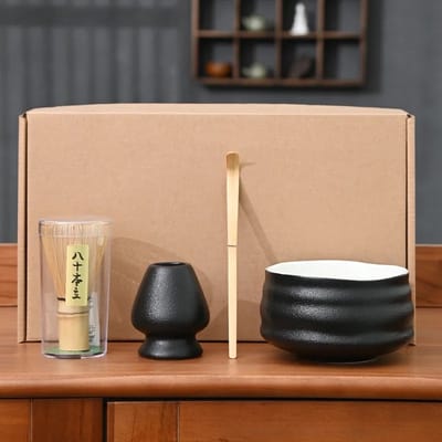 Without Lemon - Japanse Matcha Starters Set - Bamboe Klopper - Lepel - Kom - Klopperhouder - Matcha Tea Making Kit - Ceremonial - Matcha Lovers - Cadeau Tip - 4 delig - Zwart