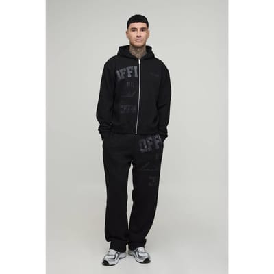 Lang Oversized Boxy Officieel Tonaal Print Ritssluiting Hoodie Trainingspak | Black | Size Small