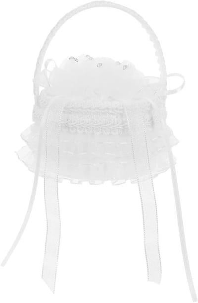 Bruiloft Ringkussen - Mini Bloemmand - Ringen Presenteren - Met Handvat - 11.5 cm - Wit
