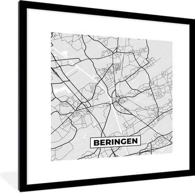 Fotolijst incl. Poster Zwart Wit- Zwart Wit – België – Plattegrond – Stadskaart – Kaart – Beringen - 40x40 cm - Posterlijst