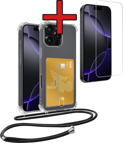 Hoesje Geschikt voor iPhone 16 Pro Hoesje Met Telefoonkoord en Pasjeshouder Met Screenprotector Siliconen - Hoes Geschikt voor iPhone 16 Pro Hoesje Met Kaarthouder Shock Proof Case - Transparant