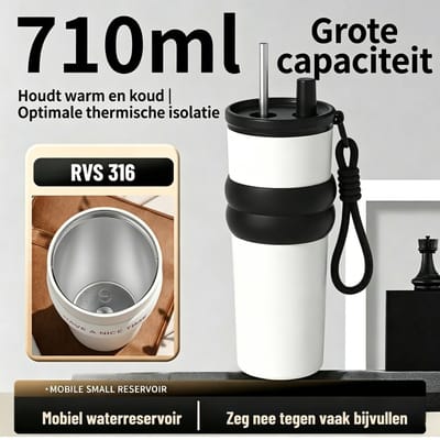 RVS Drinkfles met Theefilter & Rietje 710 ML voor volwassenen - Ijskoffie, Thee & Travel Mug - Warm & Koud - Dubbelwandig Geïsoleerd - BPA Vrij - Koffiebeker To Go - Past in Bekerhouder Auto - Wit