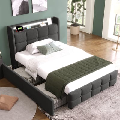 REDOM Eenpersoonsbed 90x200 cm – Bed Met LED Verlichting En USB – Met 2 Opberglades – Modern Design Voor Tienerkamer En Slaapkamer – Linnen Grijs