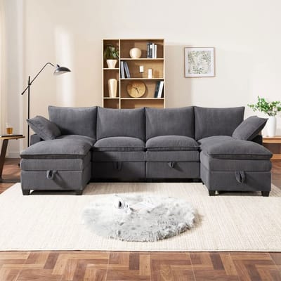 Pugsdrly - Hoekbank - L-vormig - Modern - Corduroy bekleding - Afneembare voetensteun - USB-poorten - Opbergvakken - Bekerhouders - Modulair - Grijs - Voor woonkamer, appartement en kleine ruimtes