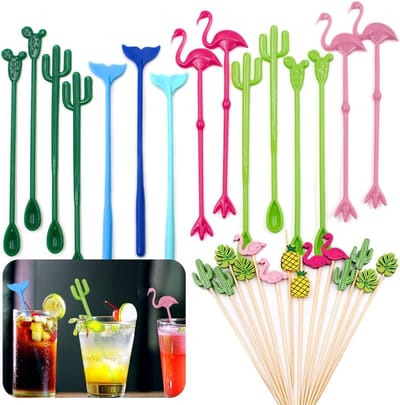 Cocktail Mixset met 15 Herbruikbare Flamingo en Cactus Swizzle Sticks en 14 Bamboo Prikkers voor Tropische Feesten en Drankjes