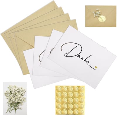 100 Bedankkaarten Set - 25 Klassieke Kaarten met Enveloppen, Gouden Zegelstickers en Gedroogde Bloemen