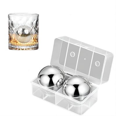 Dailygoods - 2 stuks 55 mm roestvrijstalen koelstenen, extra grote ijsblokjes van metaal, ronde whiskystenen met kunststof doos, herbruikbare bolvormige ijsblokjes, roestvrij stalen ijsballen voor cocktail/bier (A
