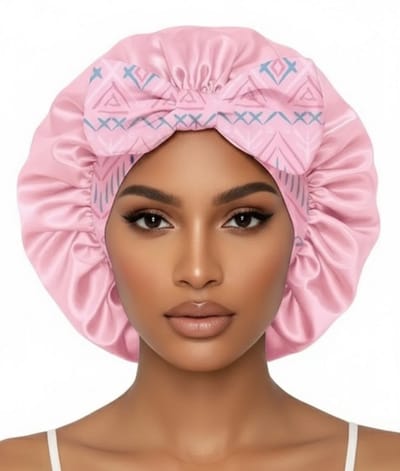 Lichtroze satijnen haar bonnet dames – slaapmuts met geometrische print strik en linten – beschermende satijnen haarmuts tegen pluis en wrijving – antikroes slaap cap voor krullen en lang haar