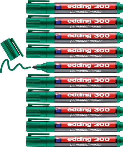 edding 300 permanent marker - groen - 10 stiften - ronde punt 1,5-3 mm - watervast, sneldrogend - wrijfvast - voor karton, kunststof, hout, metaal, glas
