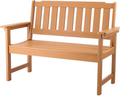 Buitenbank, 128 cm, Draagvermogen tot 363 Kg voor 2-3 Personen, Duurzaam Kunststof Frame met Rugleuning en Ruime Armleuningen, Ideaal voor Terras, Tuin, Park Of ERF, Natuurlijke Houtafwerking