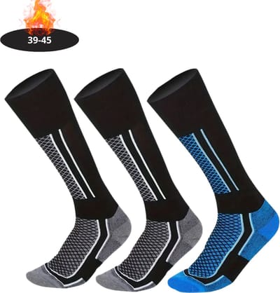 Livano Skisokken - Ski Sokken - Warme Sokken - Lange Huissokken - Thermo - Compressie - 2 Grijs+1 Blauw - 39-45 - 3 paar