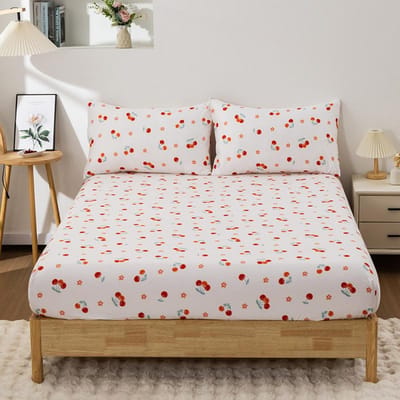 Ensemble 3 Pièces Cerise Petite Fleur Rouge Avec Linge de Lit Kawaii Collection de Linge de Lit 100% Tissu Polyester 1 Drap-housse 2 Taies d'oreiller Convient aux AdultesEnfants 120x200CM 3PC