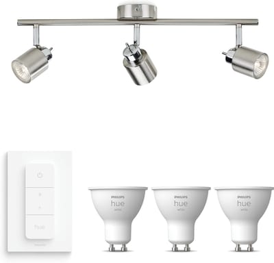 Philips Hue Meranti Opbouwspot (Mat Chroom) - Warmwit Licht - Incl. Hue Dimmer Switch - Plafondspot met 3 Lichtpunten - GU10 - Hue White