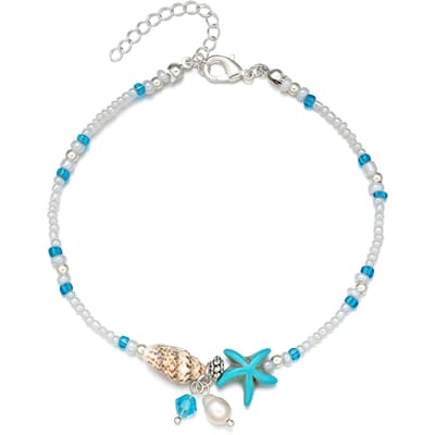 Bracelet de Cheville Femme Mode Réglable Pendentifs Coquillage Étoile de Mer Chevillères Perlées Bijoux white
