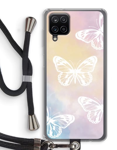 Case Company® - Hoesje met koord geschikt voor Samsung Galaxy A12 hoesje met Koord - White butterfly - Telefoonhoesje met Zwart Koord - Bescherming aan alle Kanten en Over de Schermrand