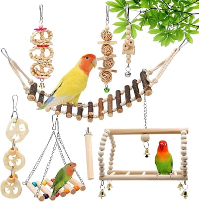 Vogel Speelgoed Set - Verrijking Speelgoed - Volière Inrichting - 8 Delig - 54cm Ladder - Veelkleurig