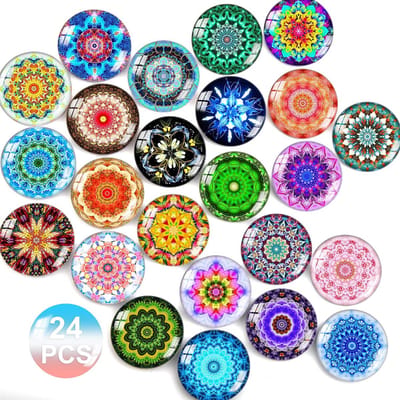 STAR&STER Koelkastmagneten, set van 24 magneten, mandala-patroon, koelkast, 3D, kleurrijk, van glas, magneten voor whiteboards, magneetbord, prikbord, kantoorkasten
