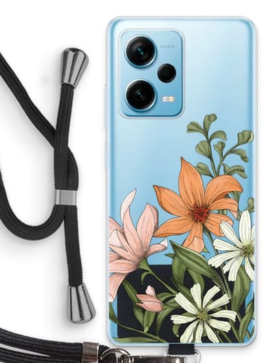 Case Company® - Hoesje met koord geschikt voor Xiaomi Redmi Note 12 Pro Plus hoesje met Koord - Floral bouquet - Telefoonhoesje met Zwart Koord - Bescherming aan alle Kanten en Over de Schermrand