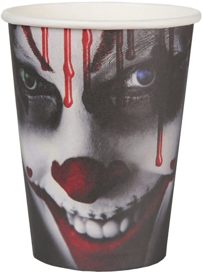 SANTEX - 10 zwarte Happy Halloween kartonnen bekers 7,8 x 9,7 cm griezelige clown decoratie