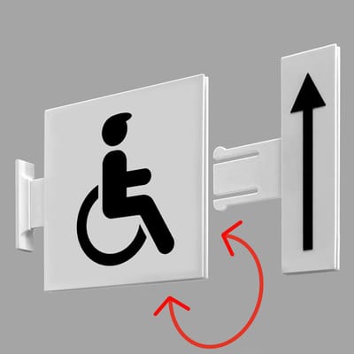 Toilet WC-bordje invalide – dubbelzijdig uithangbord – flag sign – met klikbare pijl – wand of plafond – 15 × 15 cm – 3D-geprint