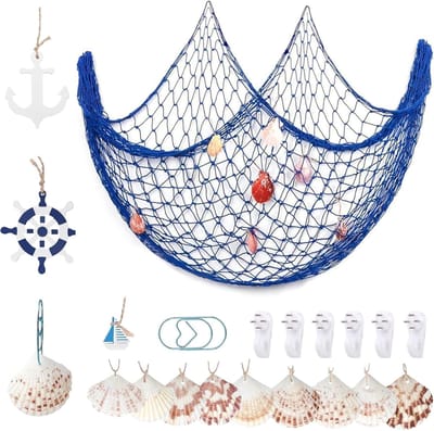 Zandbak Schelp - Decoratieve Vissersnet - Blauw - Handgeweven Katoen - Inclusief Schelpen en Hangers - Voor Nautische Feesten en Huishoudelijke Decoratie