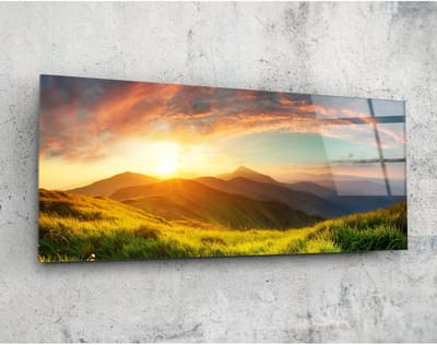 Panorama Glasschilderij - Zonsondergang - Landschappen - Natuur - 92 x 36 cm