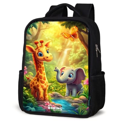 NoBoringSuitcases.com® - Rugzak zwart - Schooltas jongen & meisje - Giraf en olifant bij beekje in de Jungle - Rugtas voor school - Boekentas kind - Schoolrugzak - Kinderrugzak