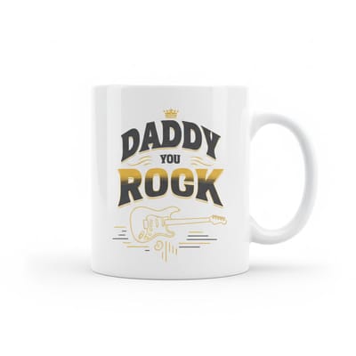 Daddy You Rock Mok 330ml – Witte Koffiemok met Gouden Gitaarontwerp – Leuk Vaderdag Cadeau voor Stoere Papa’s