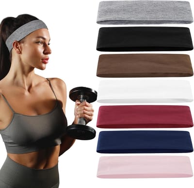 Set van 7 Antislip Elastische Haarbanden voor Dames, Zachte Sporthoofdbanden voor Fitness, Hardlopen, Yoga en Make-up in Grijs, Zwart, Bruin en Wit
