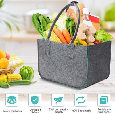 Felt Bags - Shopping Basket - Boodschappen Doen - Verstevigd Materiaal - 40 x 27 x 27 cm - Grijs Groen