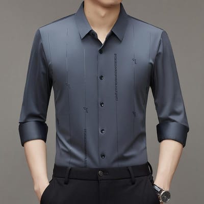 Lente Nieuw Heren Casual Shirt met Lange Mouwen Effen Kleur Stretch Mode Trendy Strijkvrij Shirt 4XL gray
