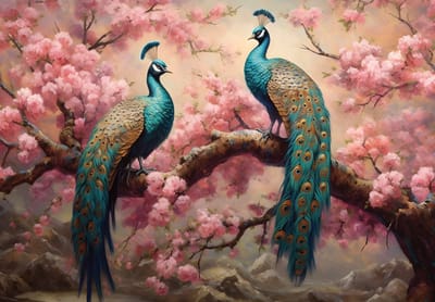 Vliesbehang - Fotobehang - Vogels - Pauwen - Bloemen - Veren - Takken - Landschap - Vogel - Pauw - 152,5x104 cm