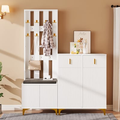 MODFU - Garderobeset - Met Schoenenkast En Zitkussen - Modern - Voor De Hal - Spaanplaat - Wit