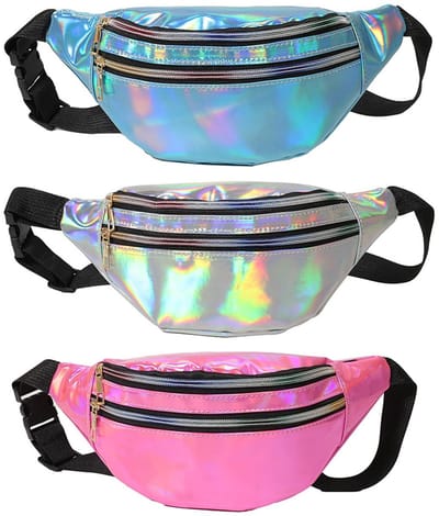 Dailygoods - 3 Stuks Heuptas voor Dames - Verstelbare, Reflecterende, Holografische Riemtas in Kleurrijk PU-Leer, Schoudertas voor Meisjes - Zilver, Roze, Blauw, Large