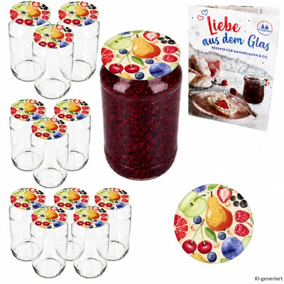 12-delige set ronde glazen 1062 ml tot 82 Comic Fruit deksels incl. Diamant Gelierzauber receptenboekje